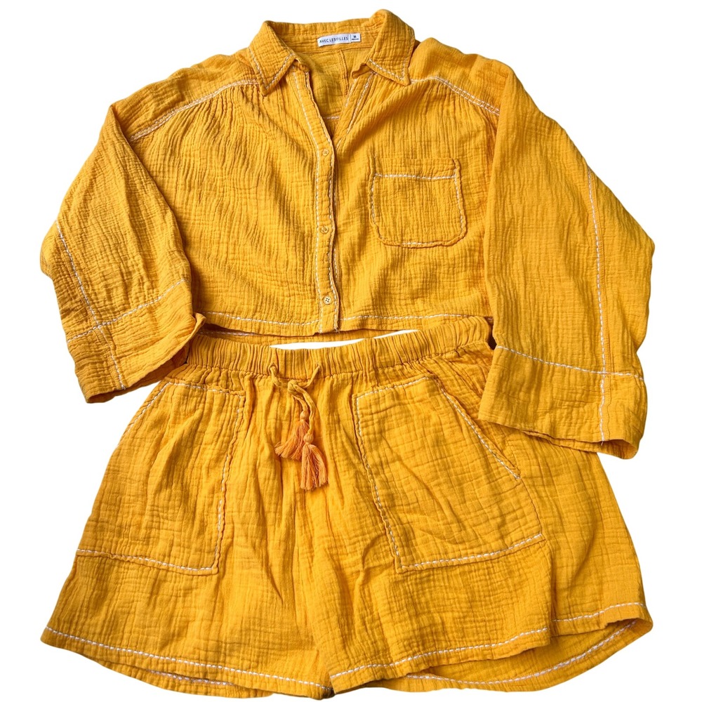 Avec Les Filles 2 Piece Gauze Set Button‎ Front Shirt Drawstring Shorts Medium